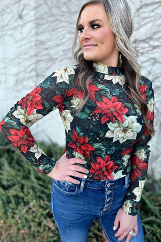 Poinsetta Mesh Long Sleeve Top