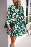 Floral Mock Neck Tie Waist Pleated Dress