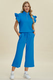 Double Take: Texture Ruffle Short Sleeve Top and Wide Leg Pants Set