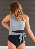 On The Coast One Shoulder Swimsuit- Slate Blue & Navy