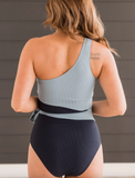 On The Coast One Shoulder Swimsuit- Slate Blue & Navy